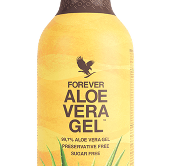 Forever Aloe Vera Gel — official Forever image; Fresh aloe vera leaf